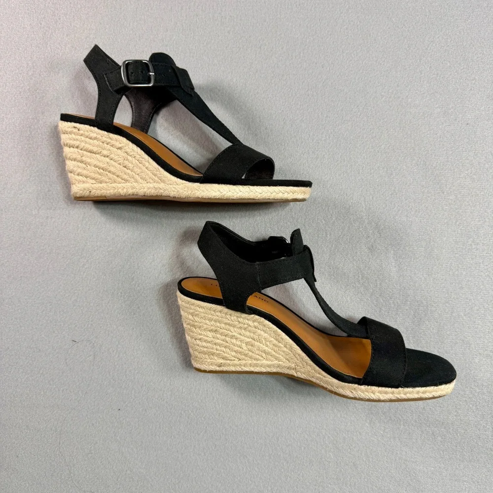 Lucky Brand Millinda T-Strap Espadrille Wedge Sandals Womens Black 7.5 Boho